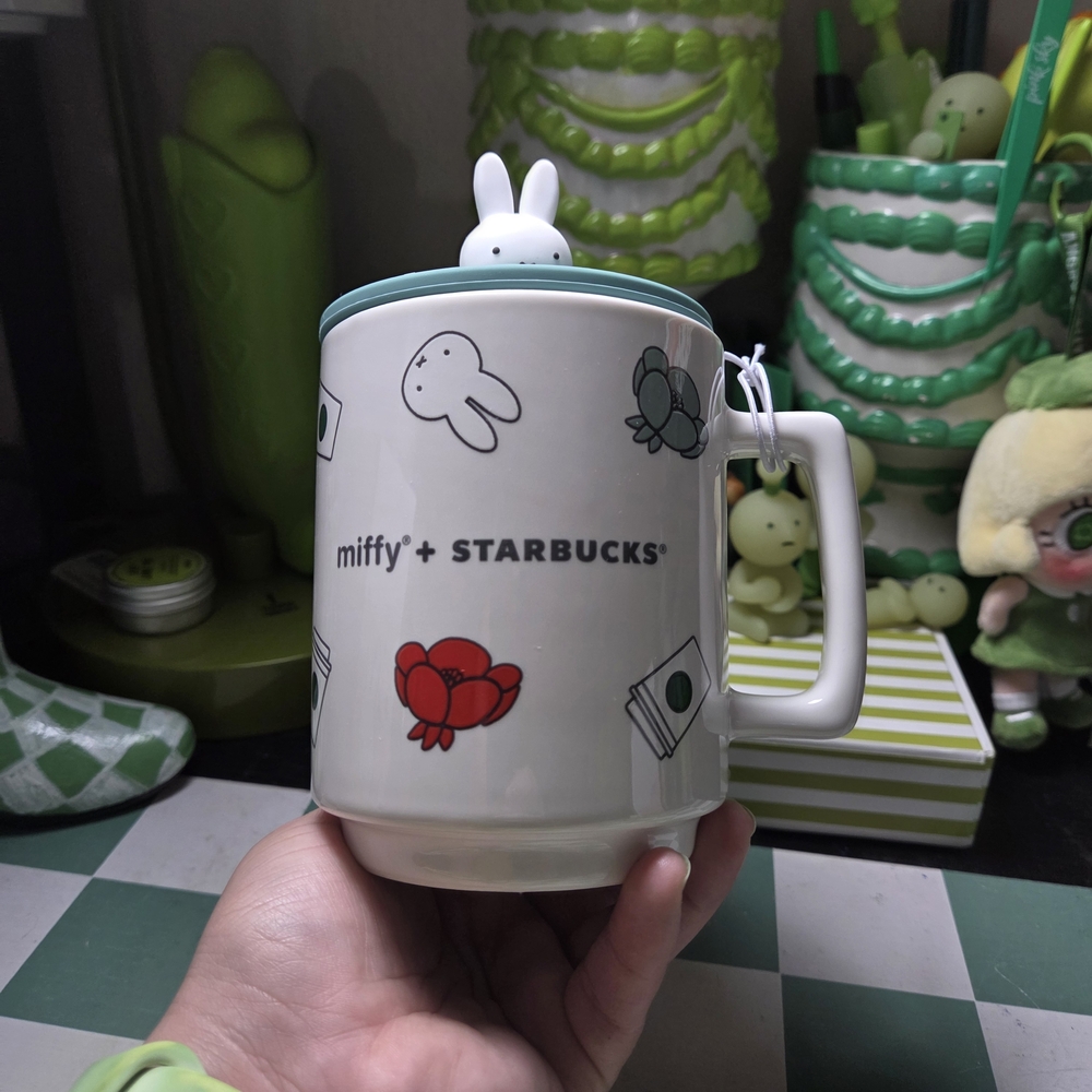 miffy + Starbucks Ceramic Bunny Lid Mug - White with Red & Teal Accents